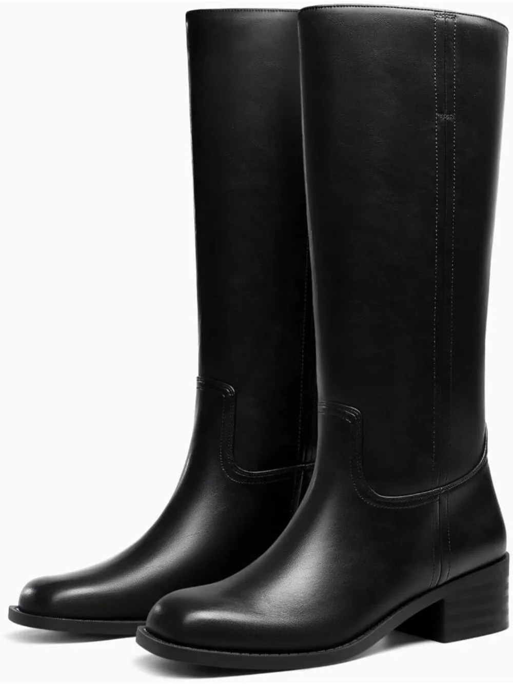 Women's Black Square Toe Chunky Low Block Heel Comfortable Knee High Boots